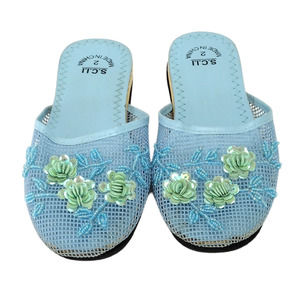 Girls Floral Beaded Sequin Rose Mesh Platform Slippers Shoes Sizes 2